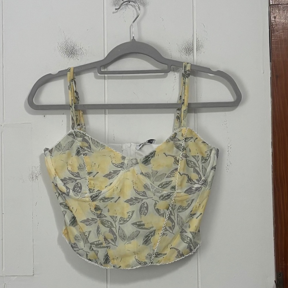 House of Thread Yellow Floral Mesh Underwire Corset Top Lace Trim Medium